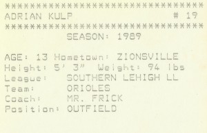 Backside of Orioles trading card 1989