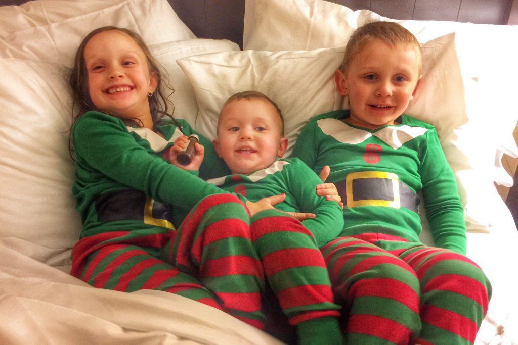 Ava Charlie and Mason in elf pjs